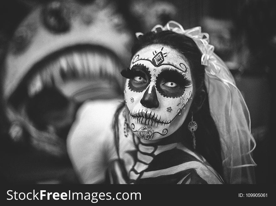 Greyscale Photo of Day of the Dead Corpse Bride