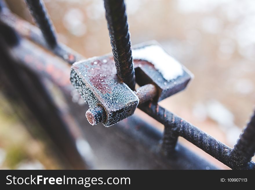 Rusty Padlock Covered With Hoarfrost Ice Crystals