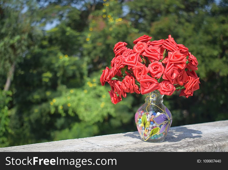Artificial Roses in Clear Glass Vase on Concrete Surface
