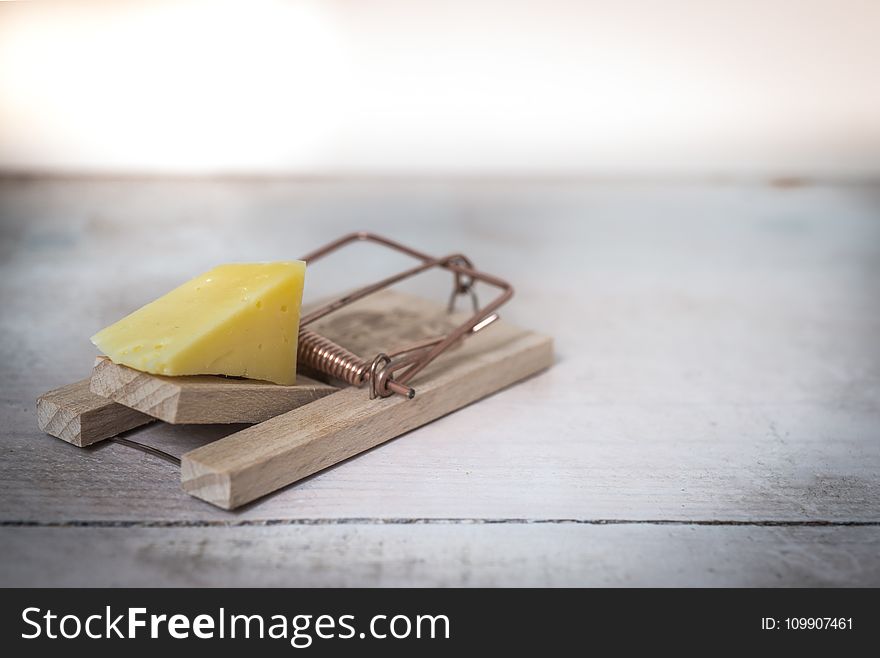 Brown Wooden Mouse Trap With Cheese Bait on Top