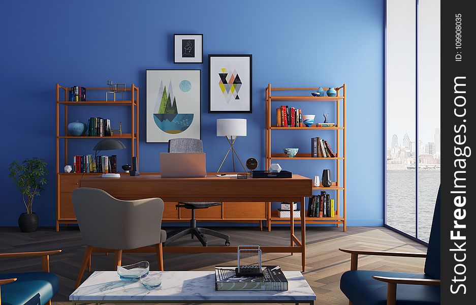 Brown Wooden Desk With Rolling Chair and Shelves Near Window