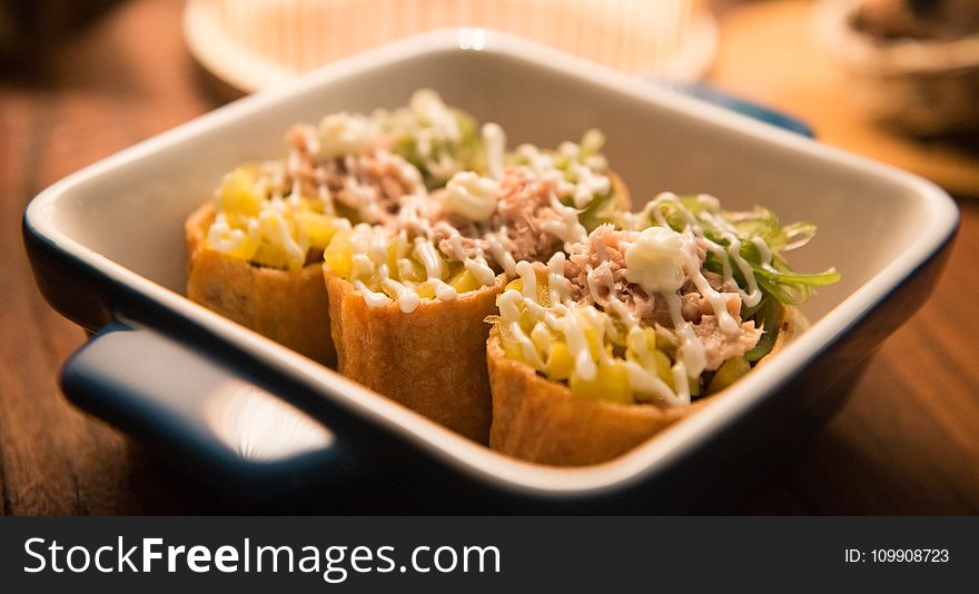 Three Tacos on Black And White Ceramic Bowl