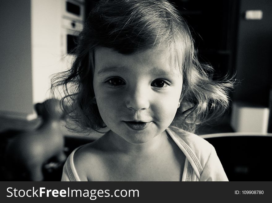 Gray Scale Photo of Girl Wearing Scoop Neck Shirt