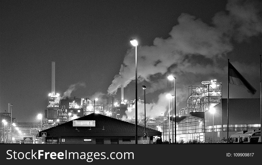 Grayscale Photography of a Factory