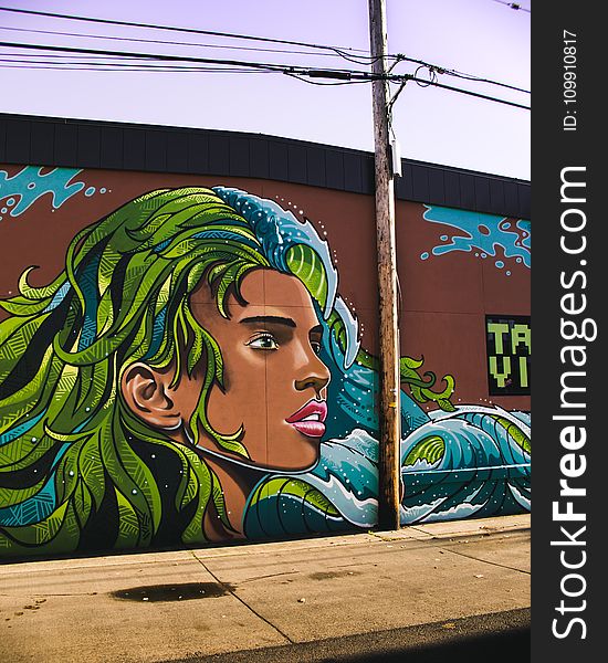 Woman With Blue and Green Haired Wall Painting