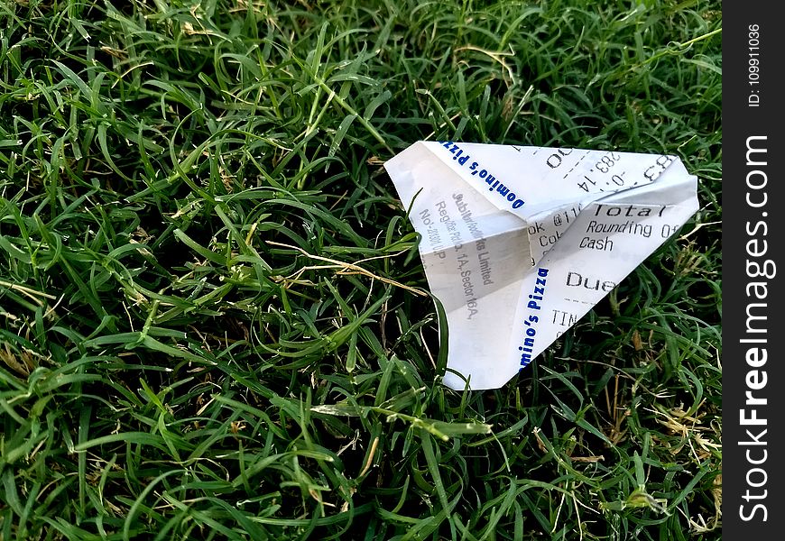 Receipt Folded Into Paper Plane on Grass