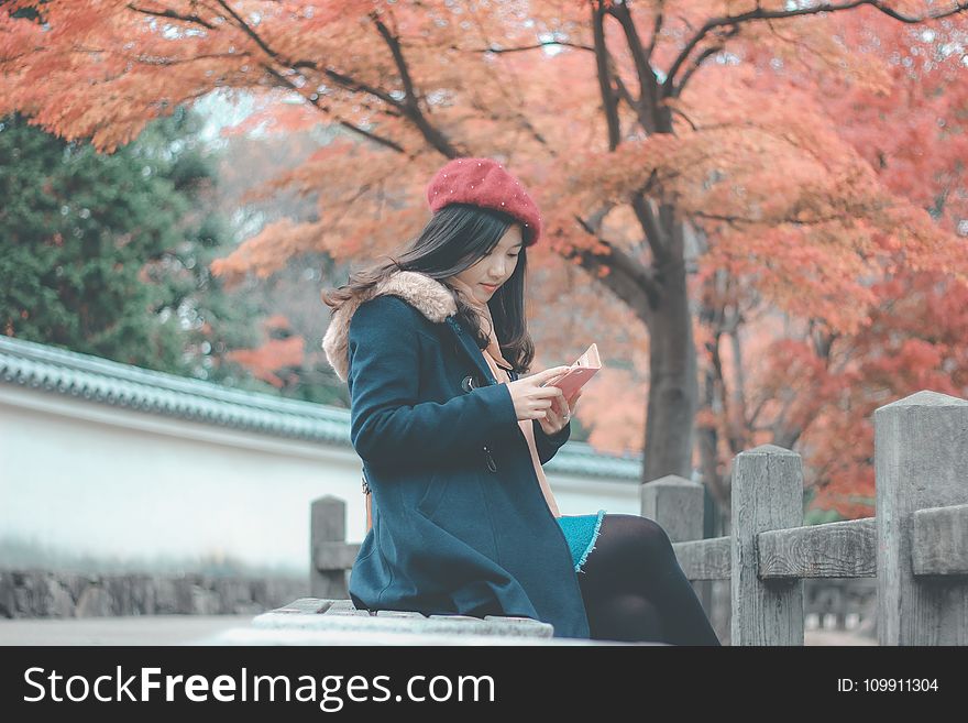Woman in Blue Parka Jacket Sitting on Grey Concrete Bench Reading Book