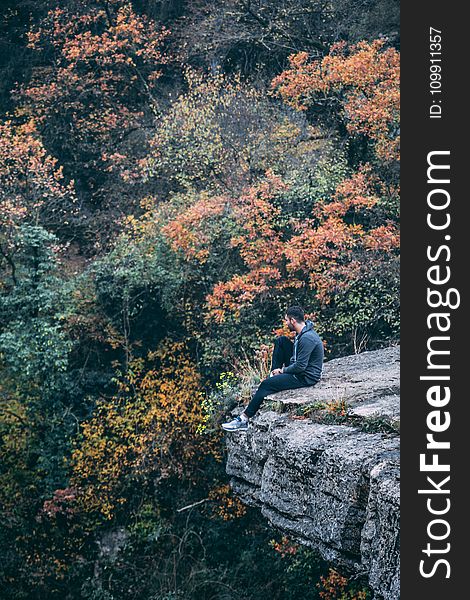 Photography of Man Wearing Black Hoodie With Black Pants Sitting on Stone Cliff Above Green and Red Leaved Forest