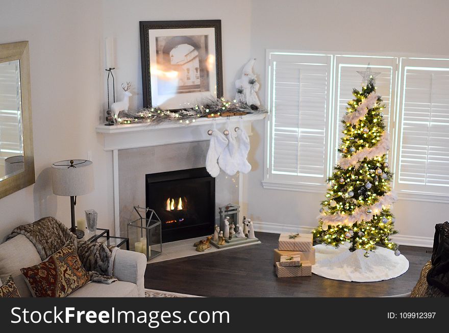 Green and White Pre-lit Pine Tree Near Fireplace Inside Well Lit Room