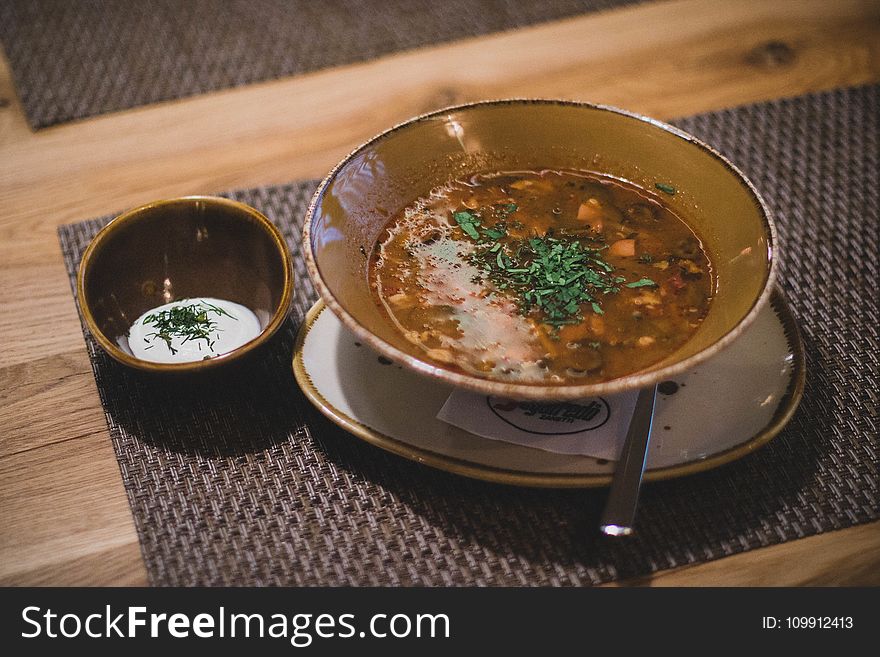 Brown Ceramic Bowl With Brown Soup
