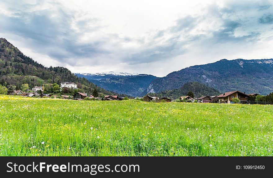 Green Grass Field and Mountain Under White Clouds