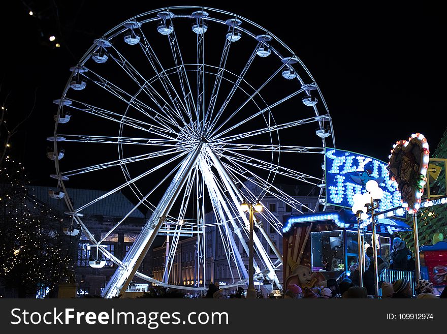 White Lighted Ferris Wheel in Amusement Part