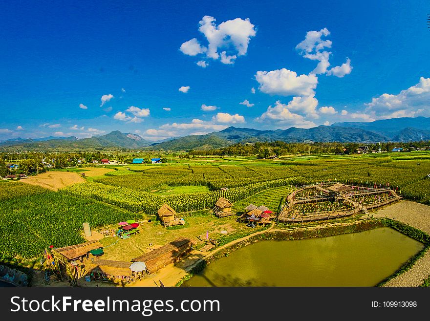 Rice Field With Mountain and Houses during Cloudy Day