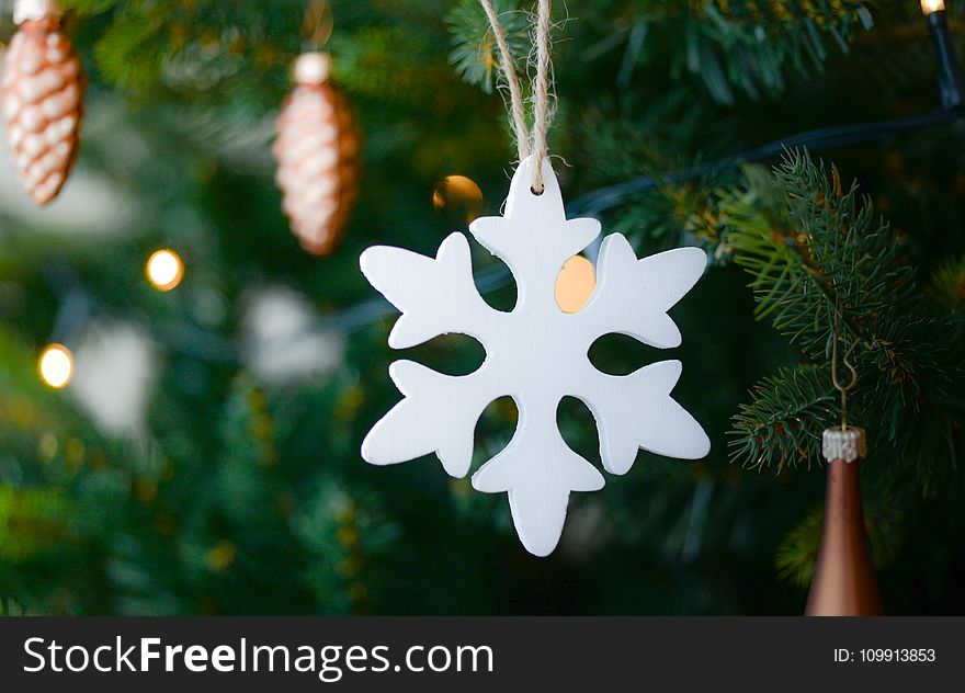 White Snow Flake Hanging on Christmas Tree