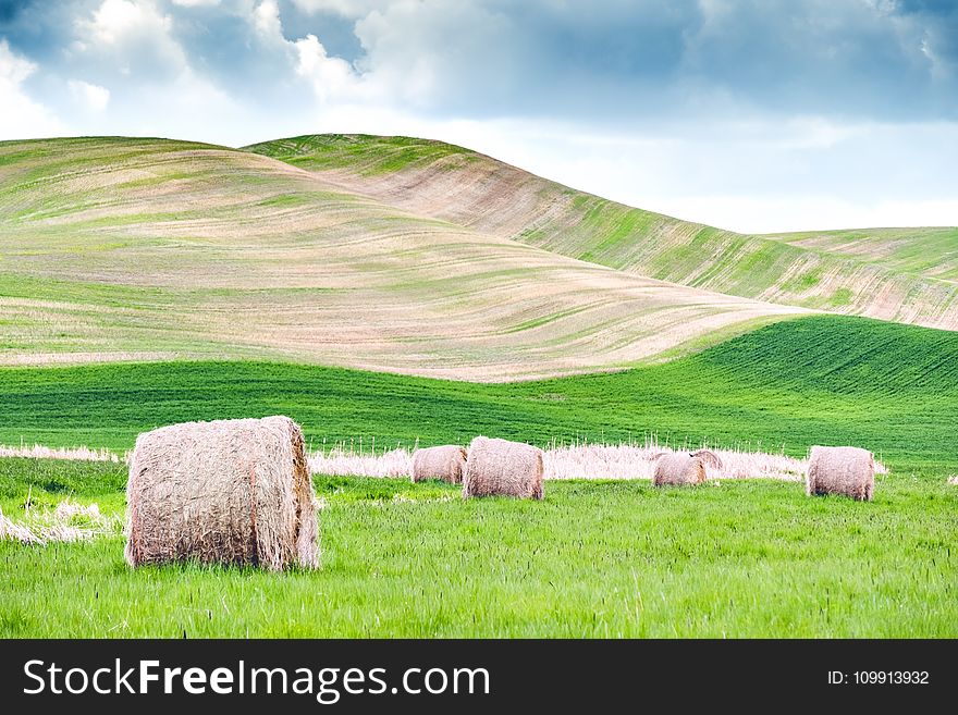 Several Hay Rolls on Grass Field Within Mountain Range