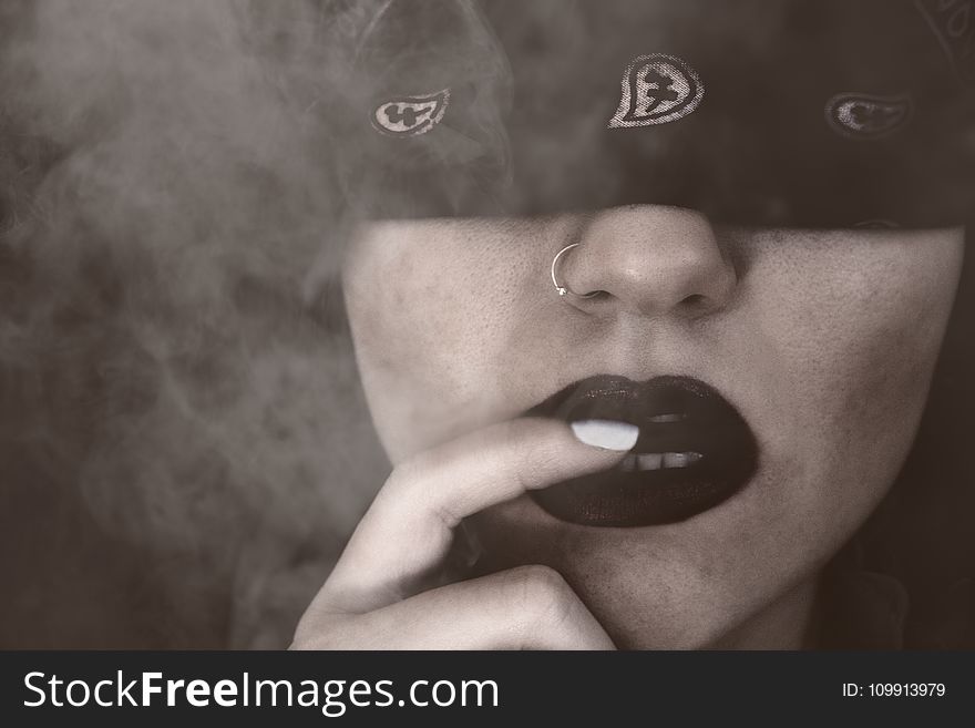 Blindfolded Woman With Finger on Lips Grayscale Portrait