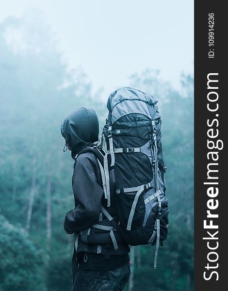 Man Wearing Black Hoodie Carries Black and Gray Backpacker Near Trees during Foggy Weather