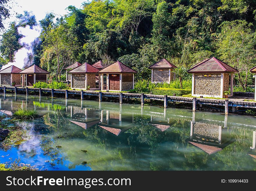 Kiosks Near Calm Body Of Water Surrounded By Tall Trees At Daytime