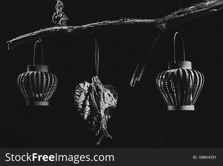 Black and White Photo of Hanging Objects