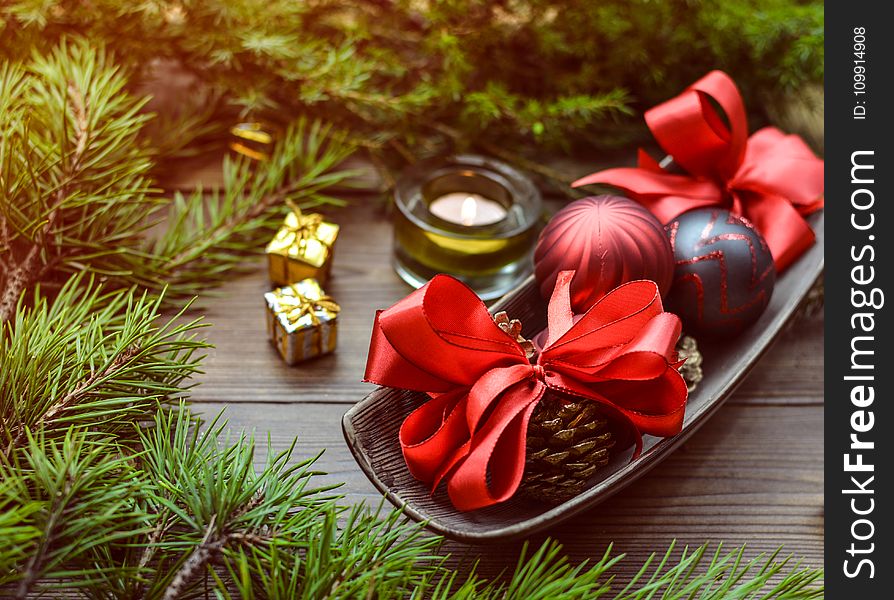 Christmas Baubles On Top Of Tray