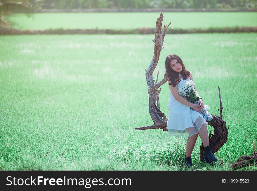 Woman Sitting on Tree While Holding Bouquet of White Flower