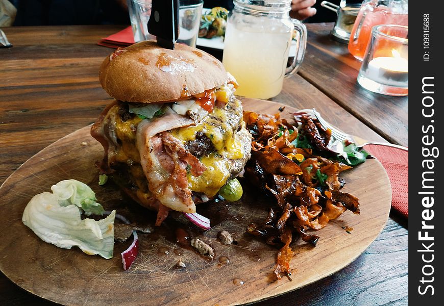 Loaded Burger on Wooden Plate