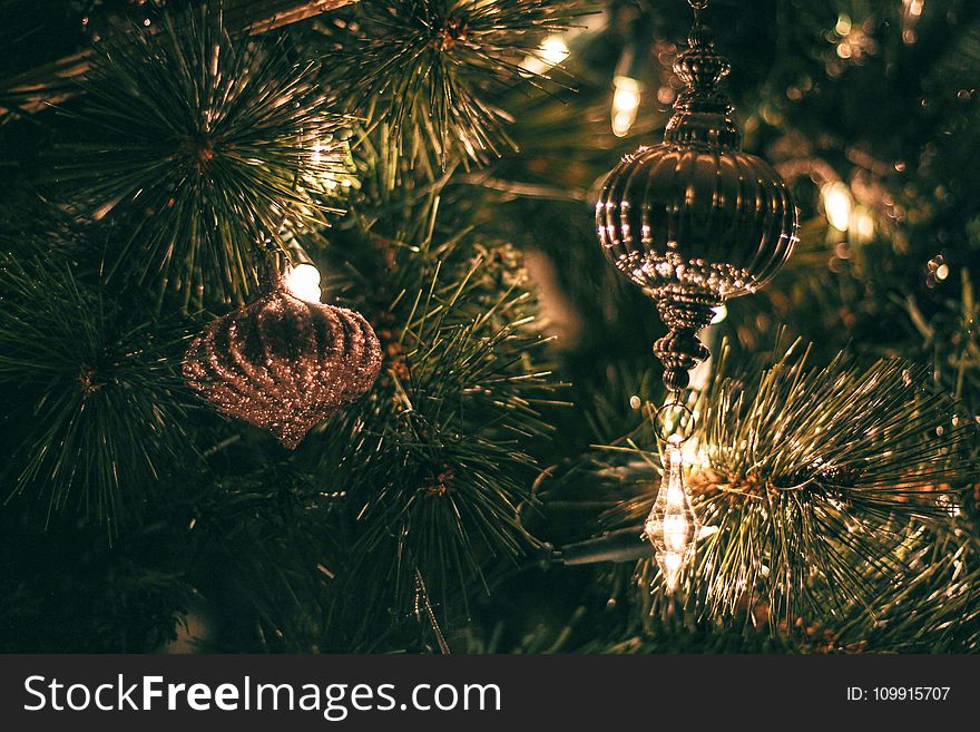 Selective Focus Photography of Christmas Baubles With String Lights