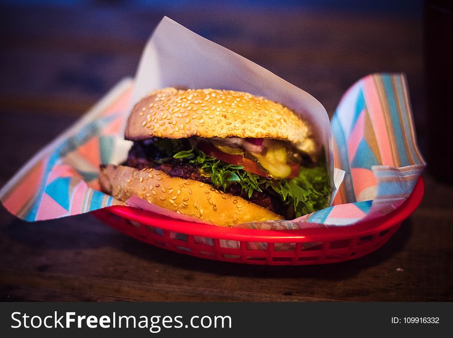 Hamburger On Red Tray