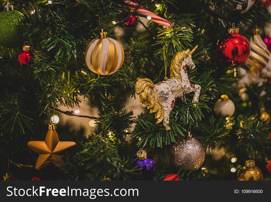 Yellow, Red, and Green Christmas Tree With Baubles