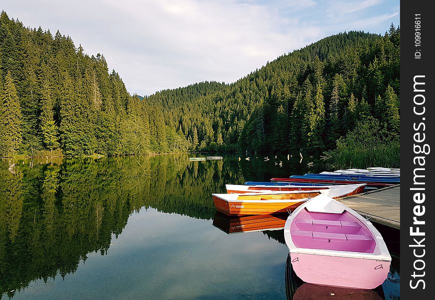 Boats On Calm Body Of Water Surrounded By Trees