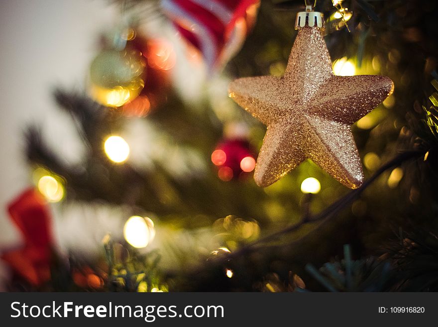 Selective Focus Photography of Gold Star Bauble
