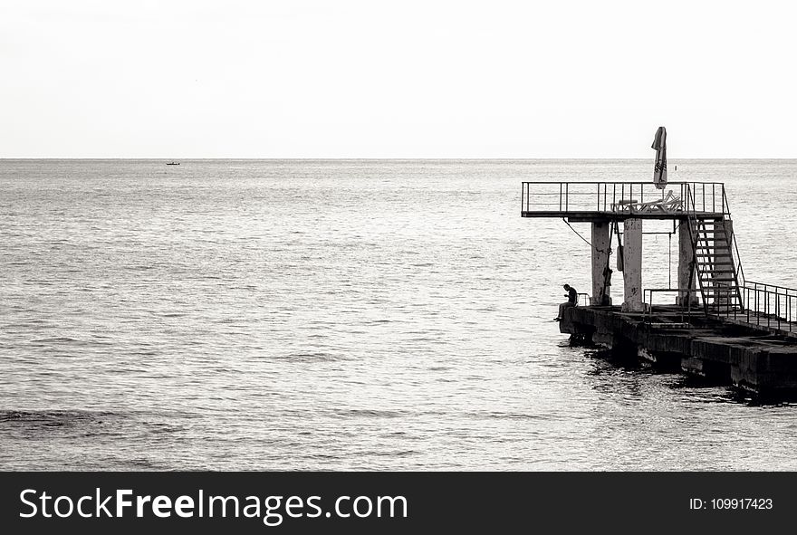Grayscale Photo of Sea Diving Port