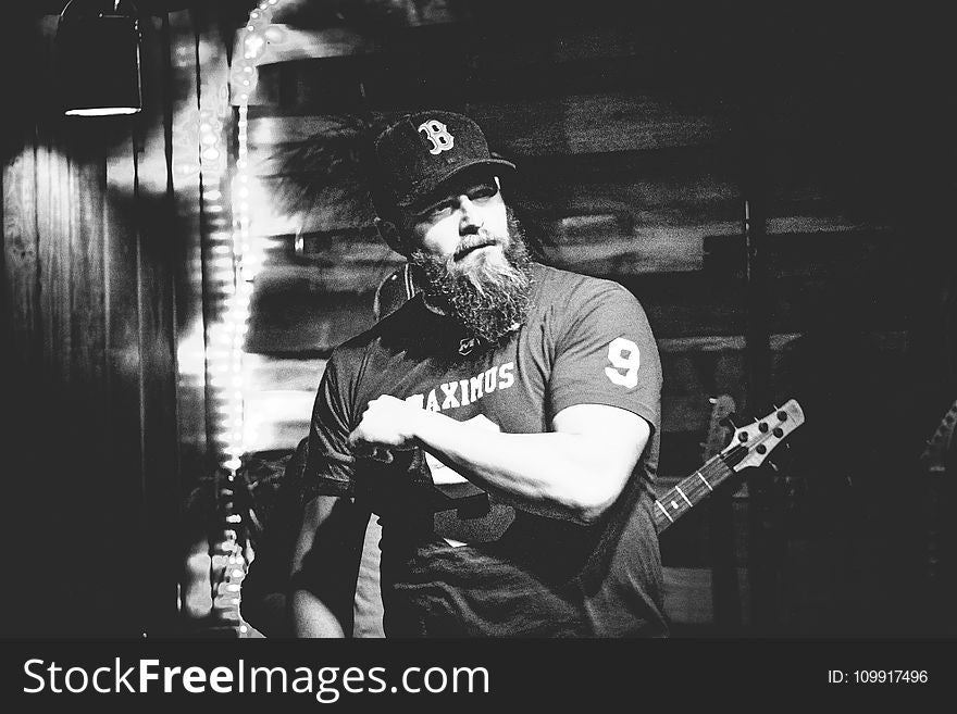 Grayscale Photo of Man in T-shirt