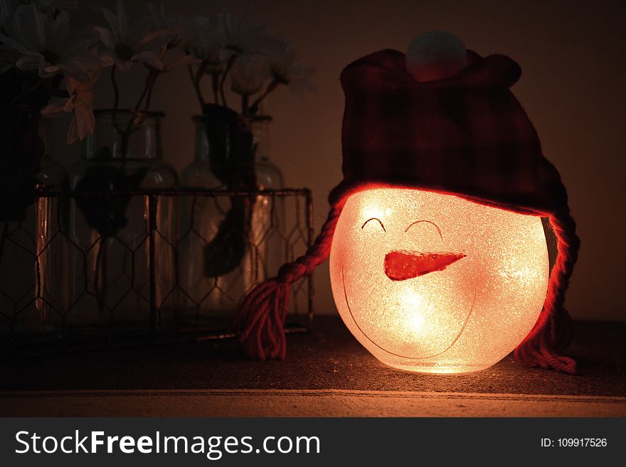 Shallow Focus Photography of White Led Snowman Lamp