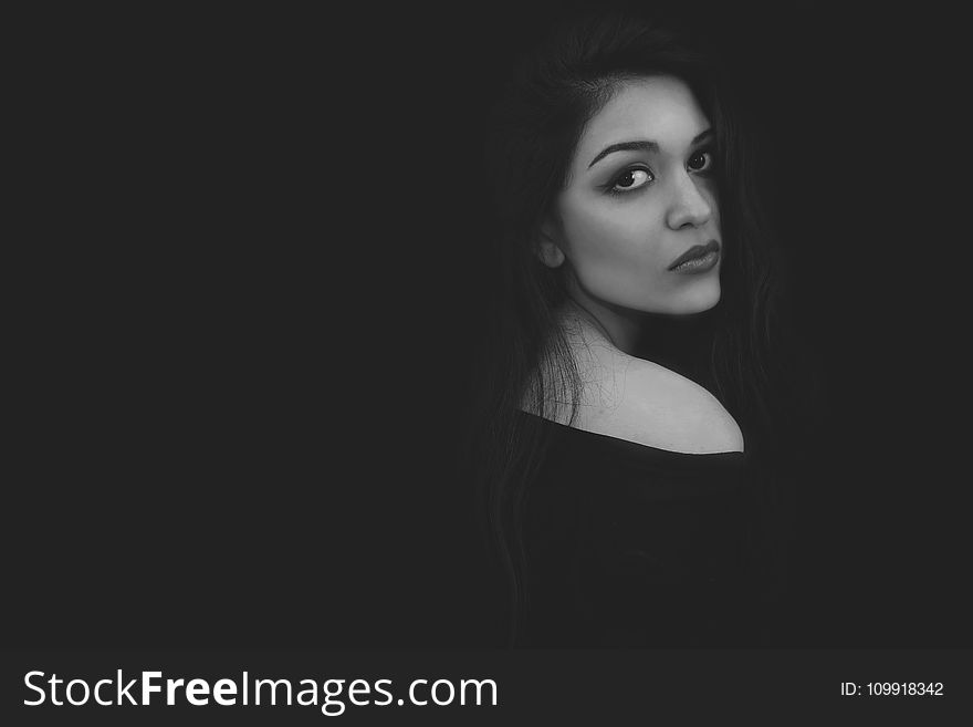 Grayscale Photo of Woman in Black Top