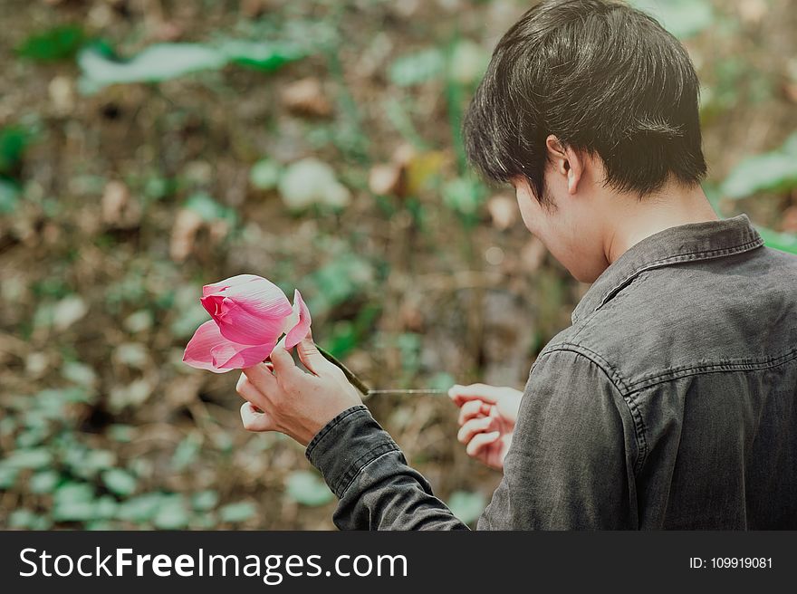 Man in Black Denim Jean Holding Pink Flower
