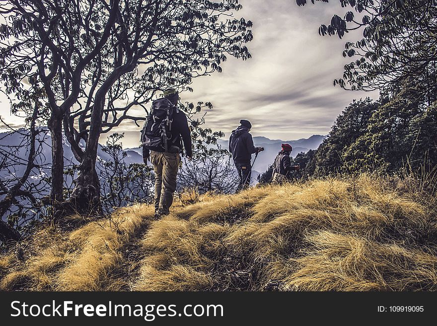 Three People Hiking on High Mountain