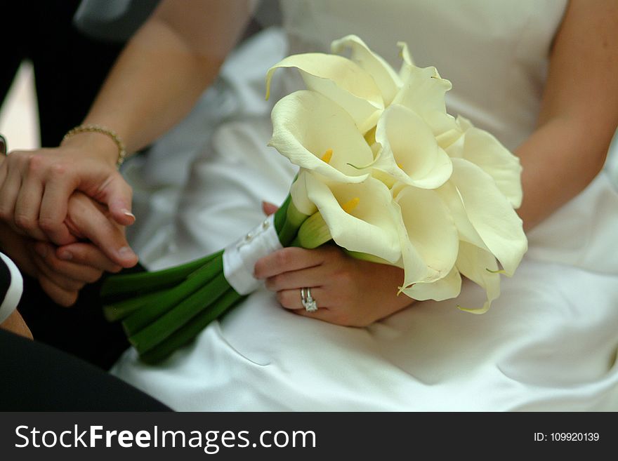 Woman In White Wedding Gown Holding White Petaled Flowers