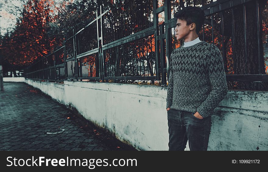 Man Wearing Gray and Black Sweater