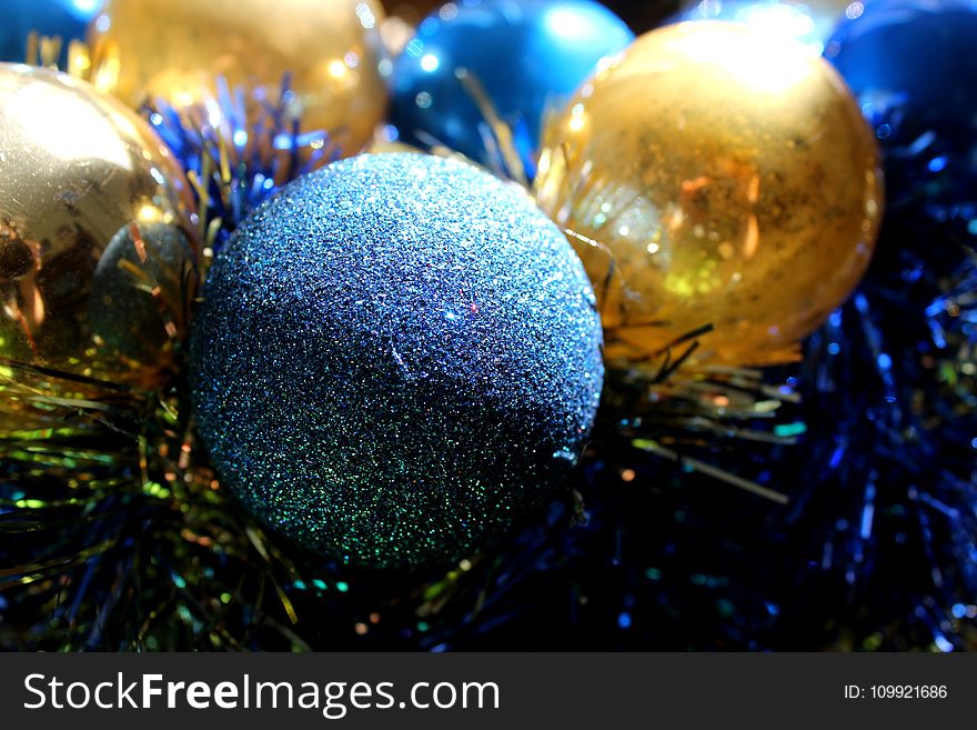 Gray, Blue, and Gold-colored Baubles