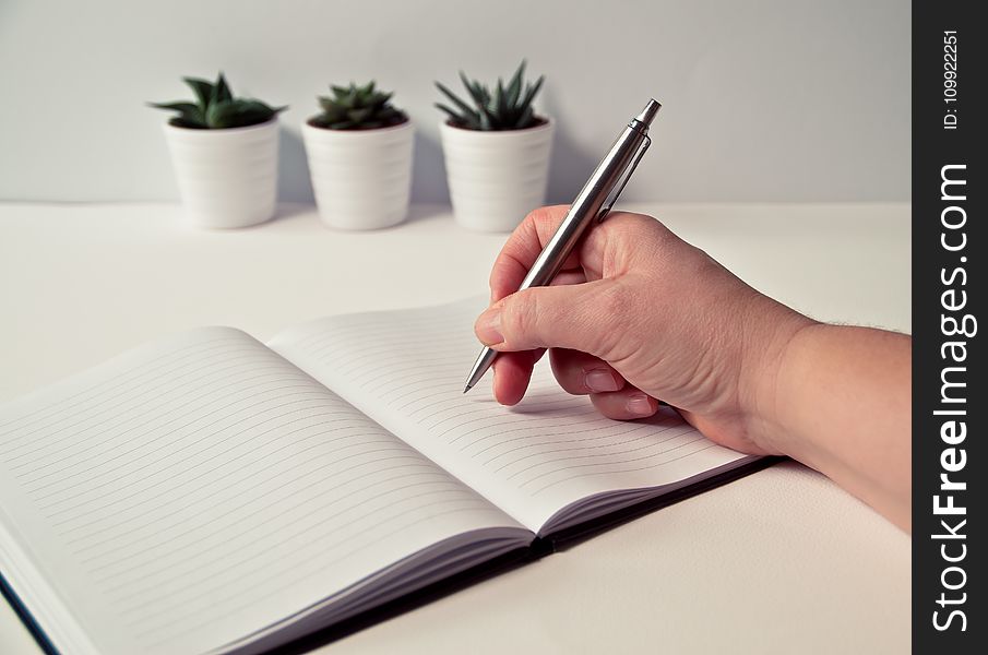 Person Holding Silver Retractable Pen in White Ruled Book