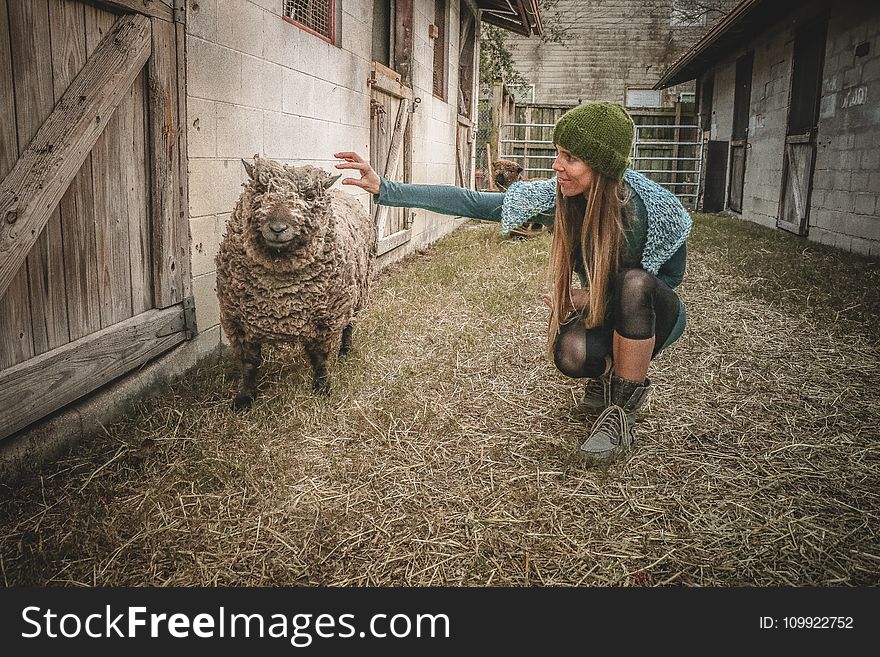 Woman Holding Sheep Beside Wall