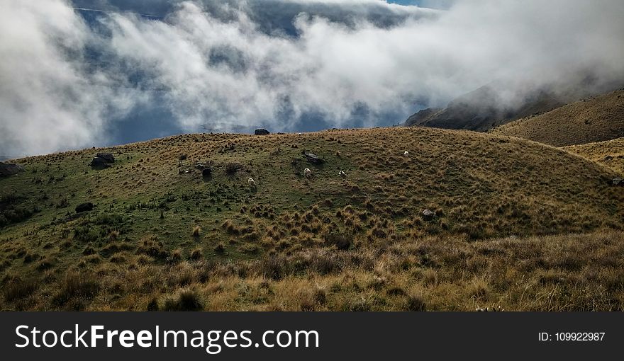 Green Hill Covered By Clouds