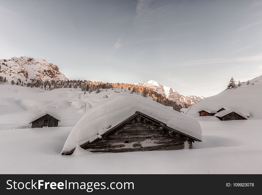 Brown Wooden Houses Covered in Snow at Daytime