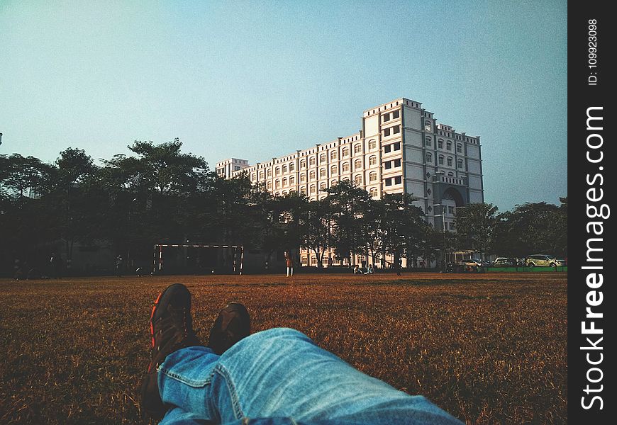 Person in Blue Denim Jean Lying on Brown Grass Field Looking at White Multi-storey Building
