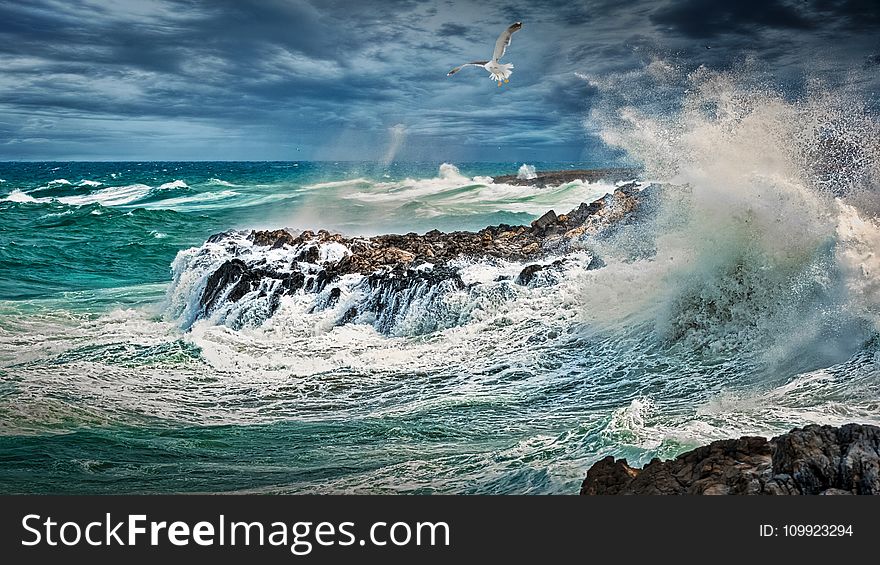 Beach Beside Stone Formation With Waves at Daytime