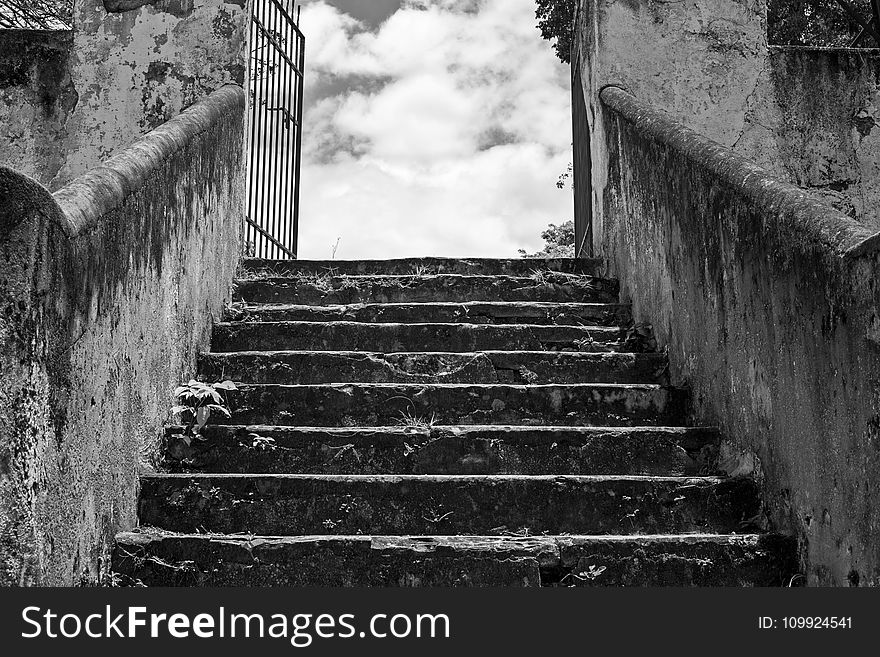 Greyscale Photo of Concrete Staircase