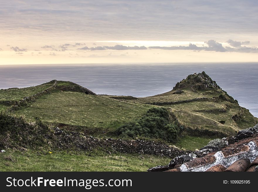 Green Grass Field Near an Ocean