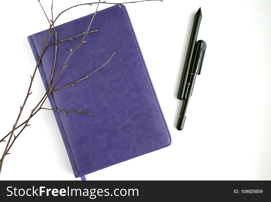 Purple Leather Notebook, Black Pen, And Brown Branches