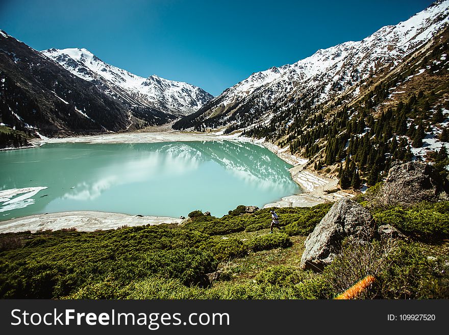 Blue Lake Surrounded by White Snowcapped Mountain